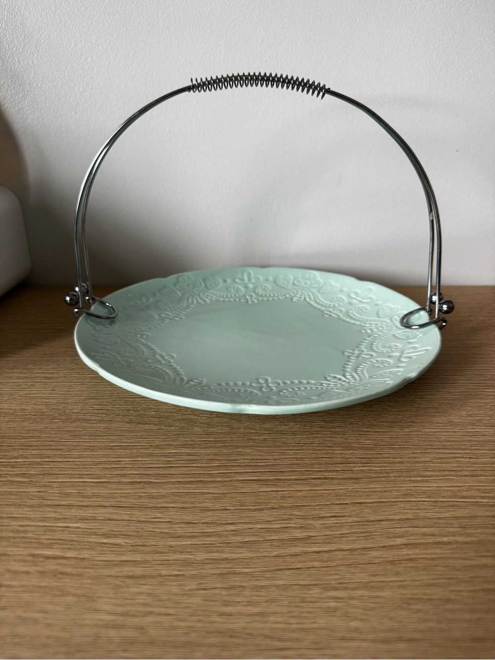 Mint Green Decorative Ceramic Serving Plate with Metal Handle